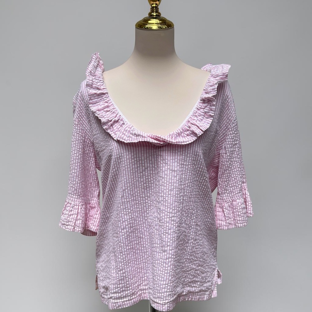 Elizabeth Wilson Seersucker‎ Ruffle Neck Blouse Pink Stripe 3/4 Sleeve Coquettw